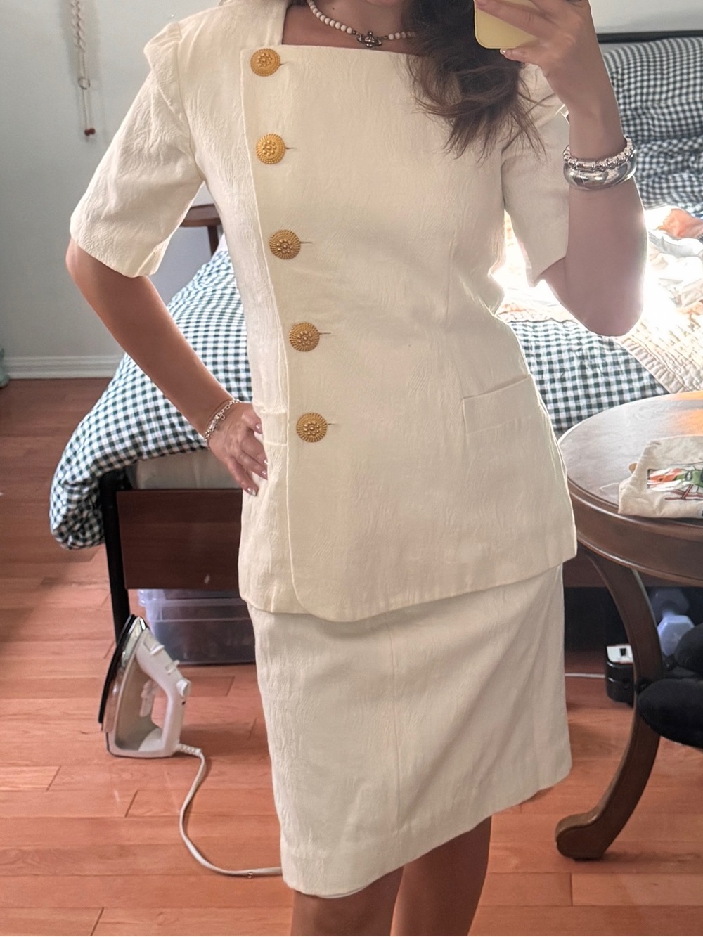 Classic Cream Button Elegant Women’s skirt suit. Perfect for court house wedding